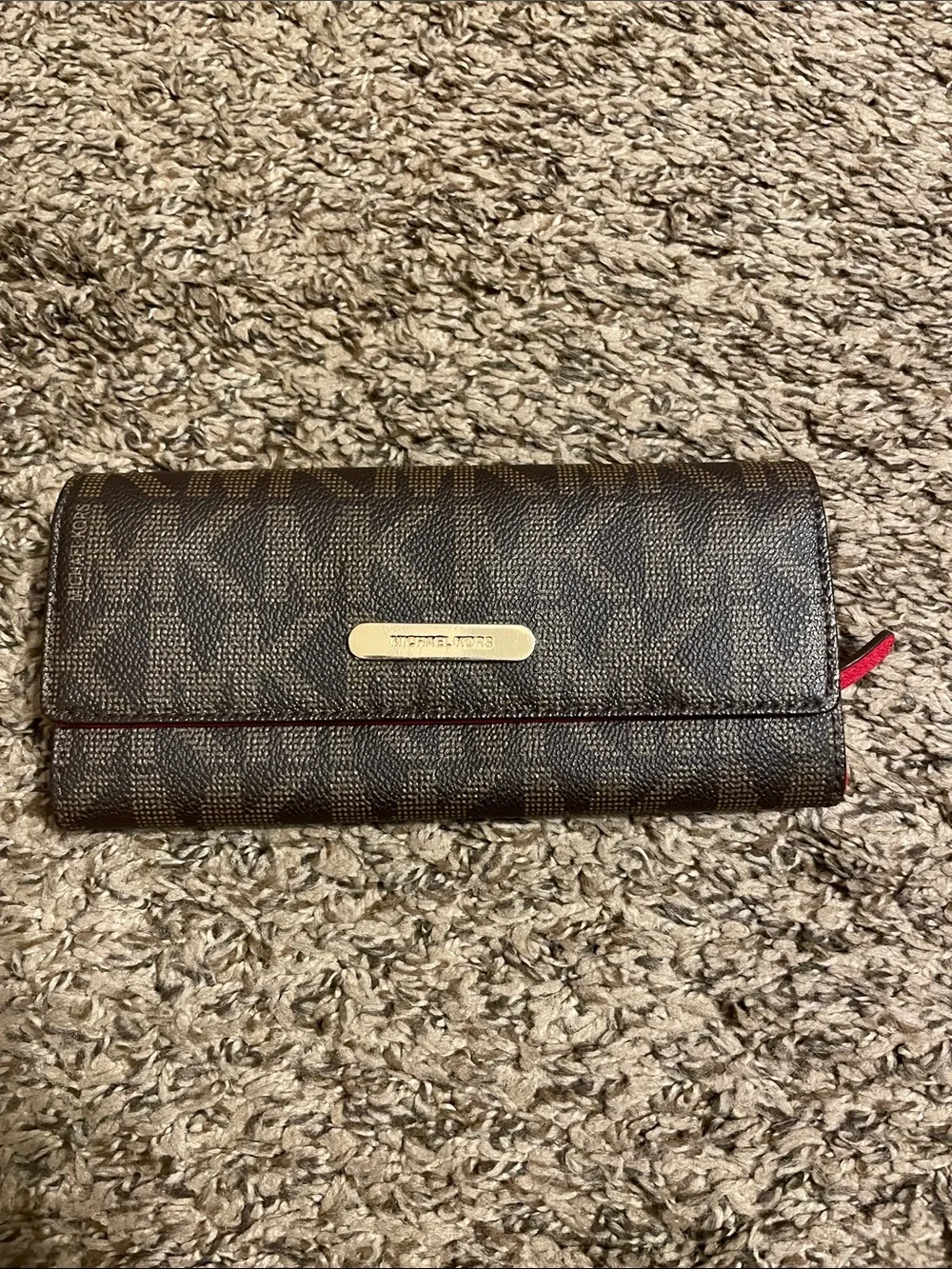 Michael Kors Brown MK Logo Continental Wallet with Red Trim